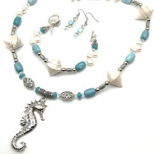 Handmade Jewelry Set ~ Metal Seahorse, Larimar, Angelite Quartz, Pearl & Shell